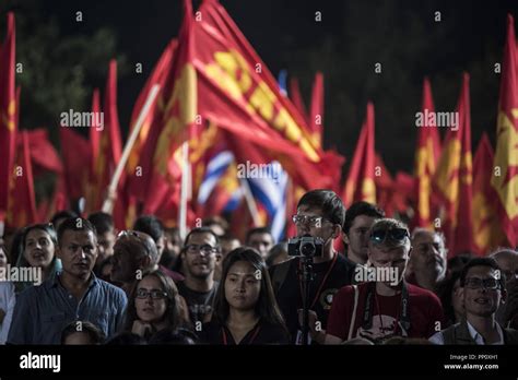 Athens, Greece. 22nd Sep, 2018. Greek communist party members shout ...