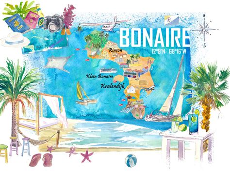 Bonaire Dutch Antilles Caribbean Island Illustrated Travel Map with Tourist Highlights by ...