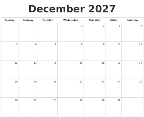 December 2027 Blank Monthly Calendar