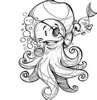 Cheerful Octopus Pirate, Emotional Character, Black And White Outline Drawing. Stock Clipart ...