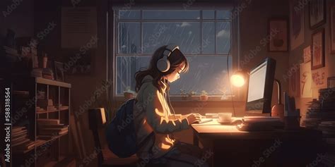 Cool Lofi Girl studying at her desk. Rainy or cloudy outside, beautiful ...