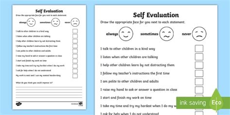 FREE! - Self Evaluation Sheet (Teacher-Made)