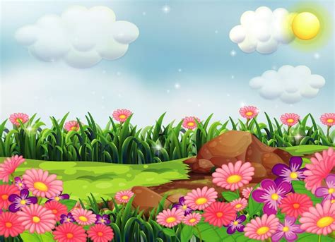 Pink flowers in nature scene with the sky | Free Vector