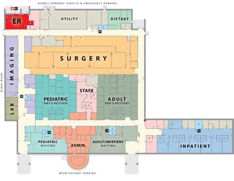 the hospital floor plan for surgery and emergency services, with ...