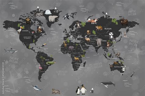 Animals world map for kids wallpaper design Stock Illustration | Adobe Stock