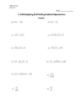 1.4 Multiplying & Dividing Radicals Worksheet by Keep It Integrated