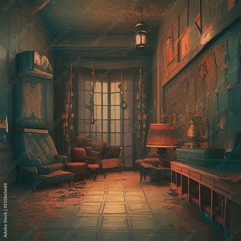 Abstract of retro dark old home interior design of fairy tale vintage background with furnitures ...