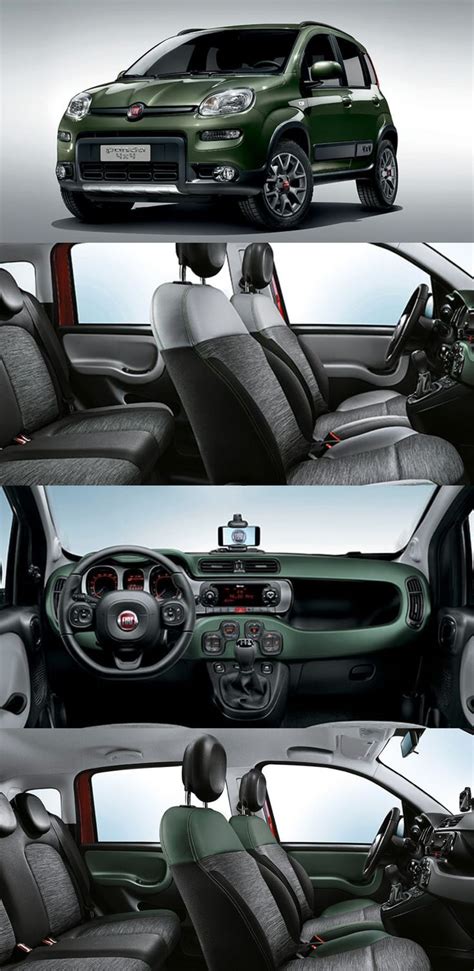 the interior of a green car with grey seats and steering wheel controls, in three different views