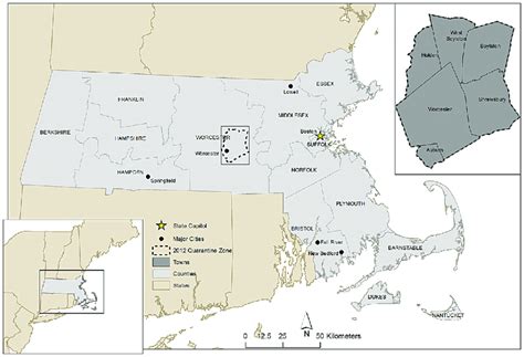 Study area map, showing Massachusetts' town boundaries. the inset map ...