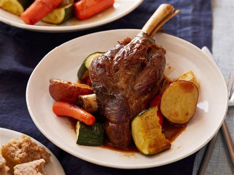 Braised Lamb Shanks with Roasted Vegetables and Buckwheat (Kasha) Bread Recipe | Food Network