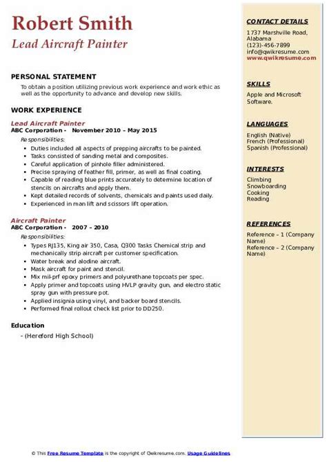 Aircraft Painter Resume Samples | QwikResume