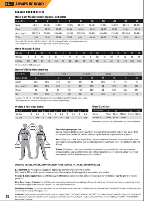 5.11 Size Chart - The Uniform Shop Plus - St. John's NL