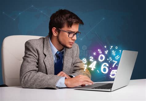 Handsome Man Sitting at Desk and Typing on Laptop with 3d Number Stock Photo - Image of concept ...