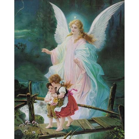 Guardian Angel Watching Over Children Bright Blue 12 x 16 Wood Wall ...