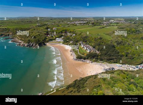 Aerial view of Caswell Bay and beach, on the Gower peninsula, Swansea ...