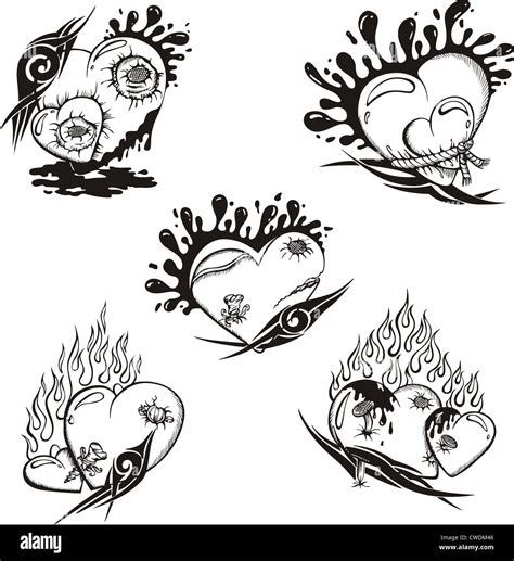 Tatuajes estilizados con corazones. Conjunto de ilustraciones vectoriales en blanco y negro ...