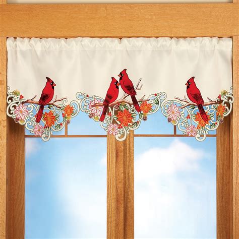 Embroidered Holiday Cardinal Poinsettia Window Valance | Collections Etc.