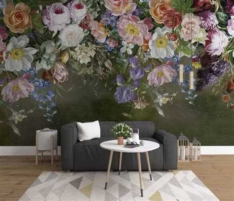 Vintage Colorful Vine Flowers Wallpaper Mural | Floral wallpaper, Dark background wallpaper ...