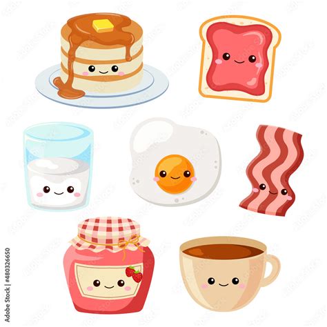 Cute breakfast food and beverage clipart. Flat vector cartoon design ...