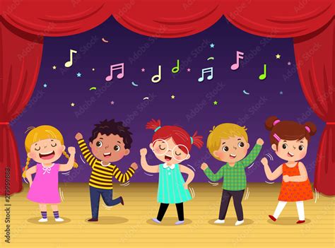 Group of kids dancing and singing a song on the stage. Children’s performance. Stock Vector ...