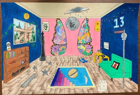 Colorful room One Point Perspective Room, Perspective Drawing, Garden ...