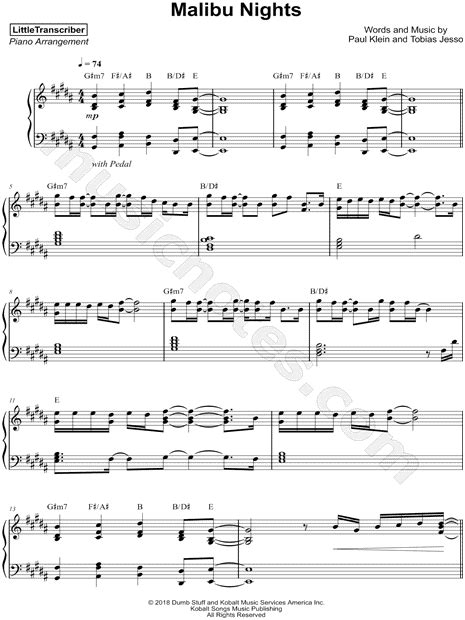 LittleTranscriber "Malibu Nights" Sheet Music (Piano Solo) in B Major ...