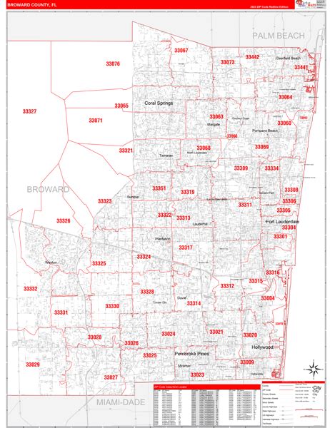 Broward County, FL Zip Code Wall Map Red Line Style by MarketMAPS - MapSales