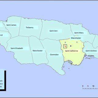 Map of Jamaica showing the 14 parishes and the location of the weather... | Download Scientific ...