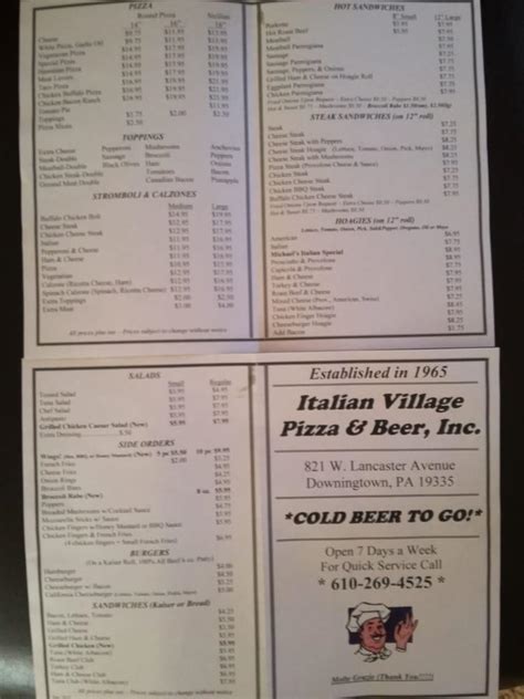 Menu at Italian Village Pizza & Beer pizzeria, Downingtown