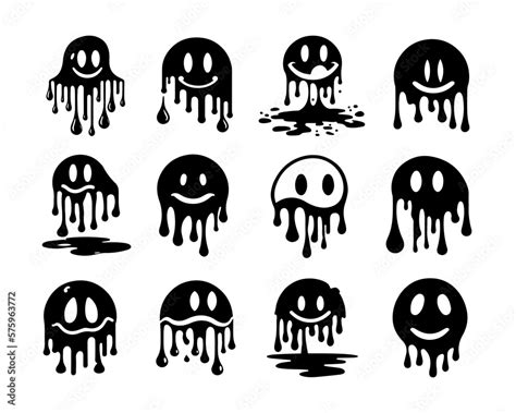 Hand drawn melting smiley faces silhouette set doodle drawings funny melted smile faces happy ...