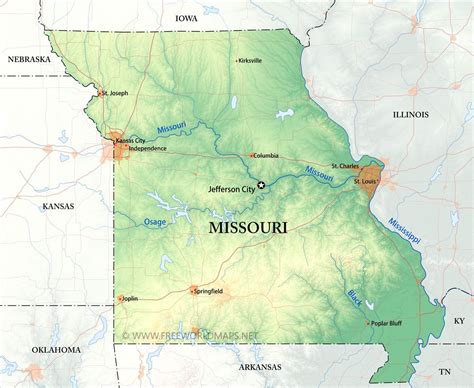 Physical map of Missouri