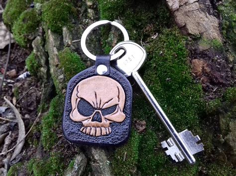 Skull Keychain Skull Leather Keychain Skull Key Fob Custom | Etsy