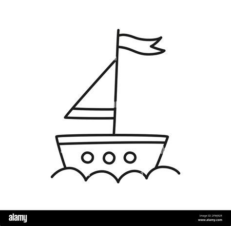 Hand drawn sailing ship on the waves. Doodle boat. Children drawing. Isolated vector ...