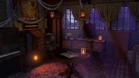 Captain's Room on The Pirate Ship Ambience : Rain, Crackling Fire, Wood ...