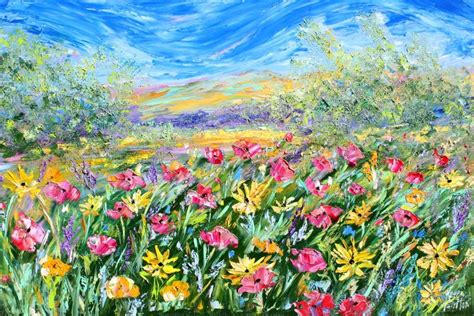 a painting of colorful flowers in a field