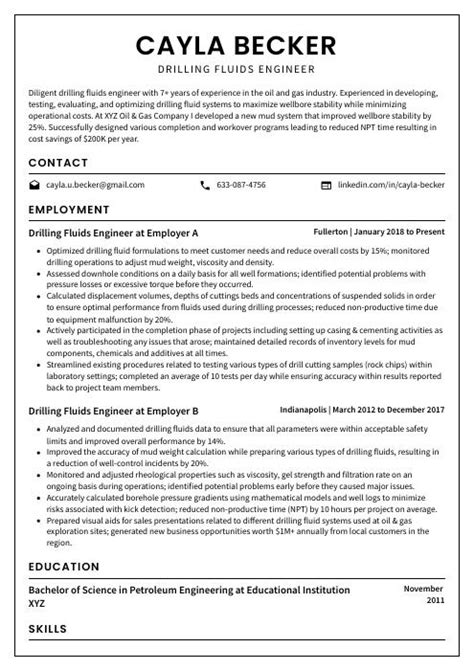 Drilling Fluids Engineer Resume (CV) Example and Writing Guide