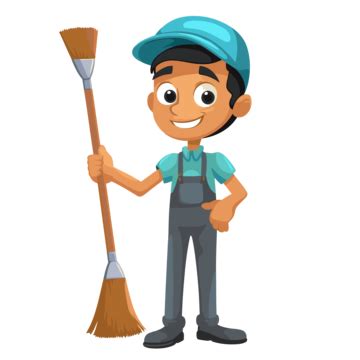 Custodian Clipart Cartoon Character Portrait Of A Man In Blue Shirt With A Broom Vector ...