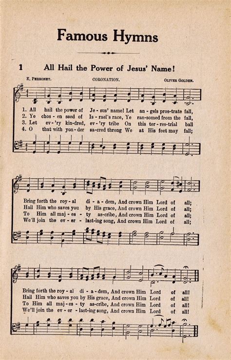 Printable Antique Hymn Book Page - All Hail the Power of Jesus' Name ...