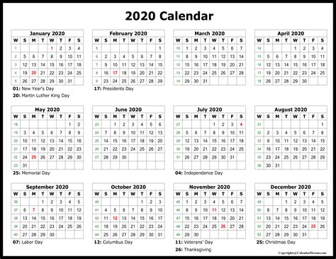 Printable Blank Yearly 2020 Calendar Template [PDF] | Calendar Dream