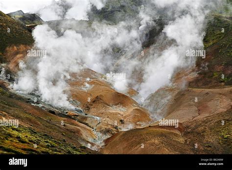 Steaming hot springs in the geothermal region on Hengill volcano near ...