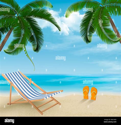 Beach with palm trees and beach chair. Summer vacation concept background. Vector Stock Photo ...