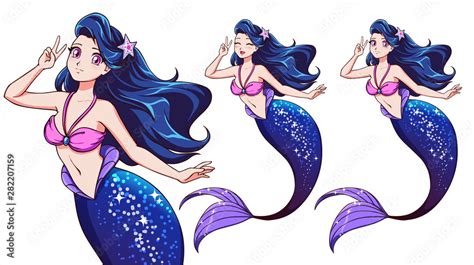 Pretty anime mermaid using a V sign. Blue hair and shiny blue fish tail ...