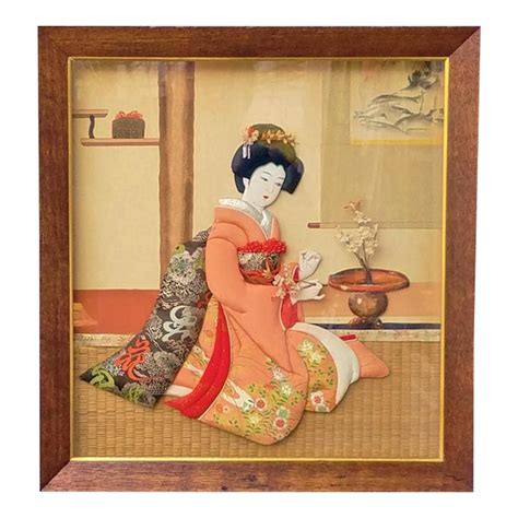 Vintage Japanese Shadow Box Diorama Art Girl in Kimono 3d Fabric Art | Chairish