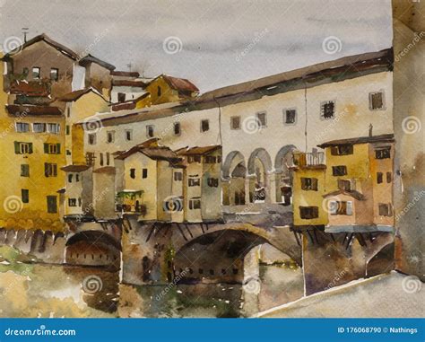 Watercolor Cityscape with Ponte Vecchio Bridge with Arno River ...