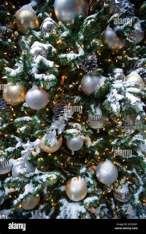 SNOW COVERED ORNAMENTS ON CHRISTMAS TREE Stock Photo - Alamy