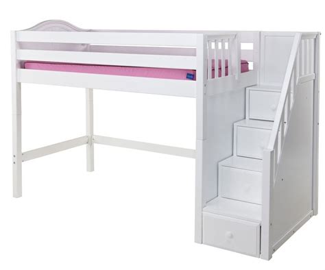 a white loft bed with stairs and storage drawers underneath the bed is also used as a desk