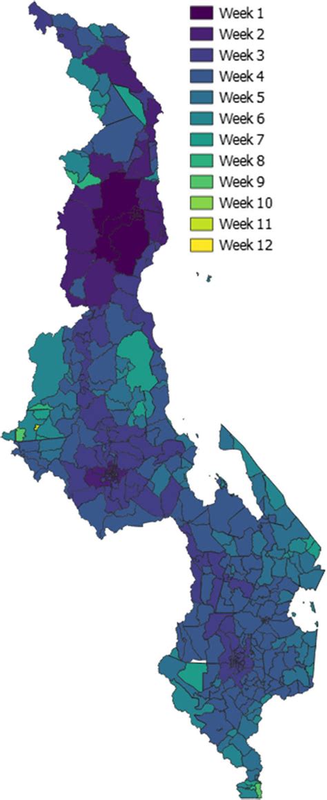 Map of modeled epidemic start weeks by TA. Darker color represents ...