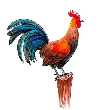 Premium Photo | Colorful rooster. ink and watercolor drawing