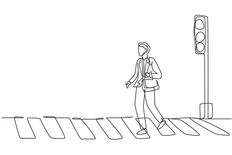 Continuous one line drawing a male worker crosses the road on the zebra crossing after returning ...