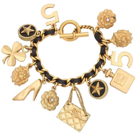 Vintage Chanel Iconic Charm Bracelet with Black Leather/Gold Chain at ...